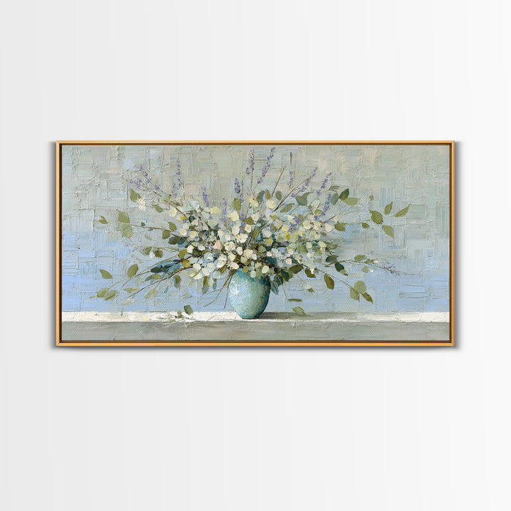 Lavender Sprigs in a Ceramic Vase Canvas Print, Bathroom Art, Minimalist Decor, Bathroom Decor, Oil Painting, Spa, Wall Hanging, BAT-2x1-32