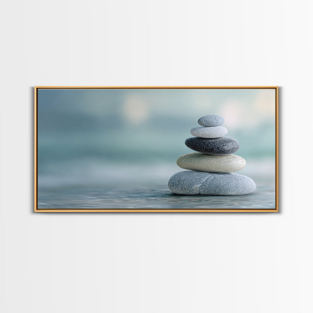 Monochrome Pebble Stack Framed Canvas Print, Bathroom Art, Statement Artwork, Bathroom Decor, Fine Art, Spa, Digital Art, BAT-2x1-33