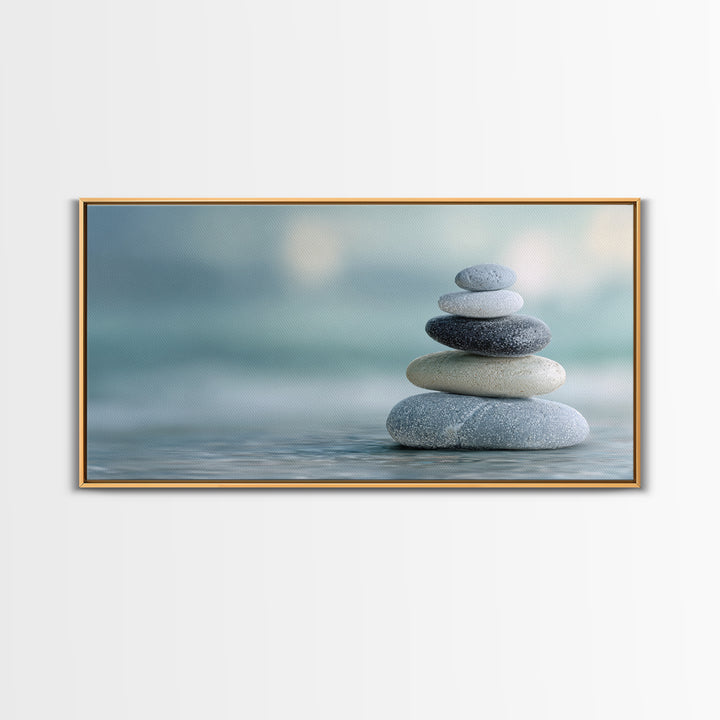 Monochrome Pebble Stack Framed Canvas Print, Bathroom Art, Statement Artwork, Bathroom Decor, Fine Art, Spa, Digital Art, BAT-2x1-33