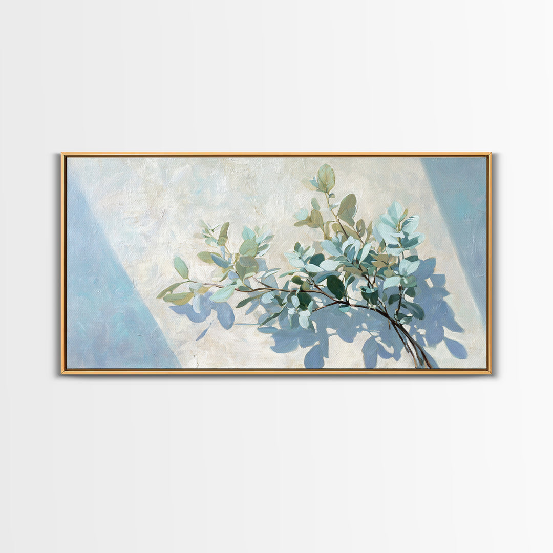 Sunlit Window Plant Shadow on Plaster Framed Canvas Print, Bathroom Art, Bathroom Print, Bathroom Decor, Watercolor Art, Spa, BAT-2x1-38