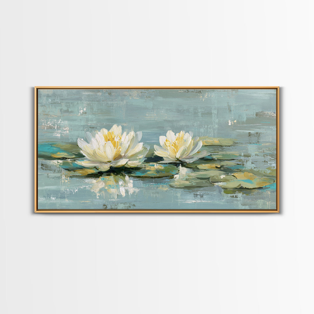 Lotus Flower Floating on Calm Water Framed Canvas Print, Bathroom Art, Wall Art, Bathroom Decor, Fine Art, Spa, Dog Portrait, BAT-2x1-40