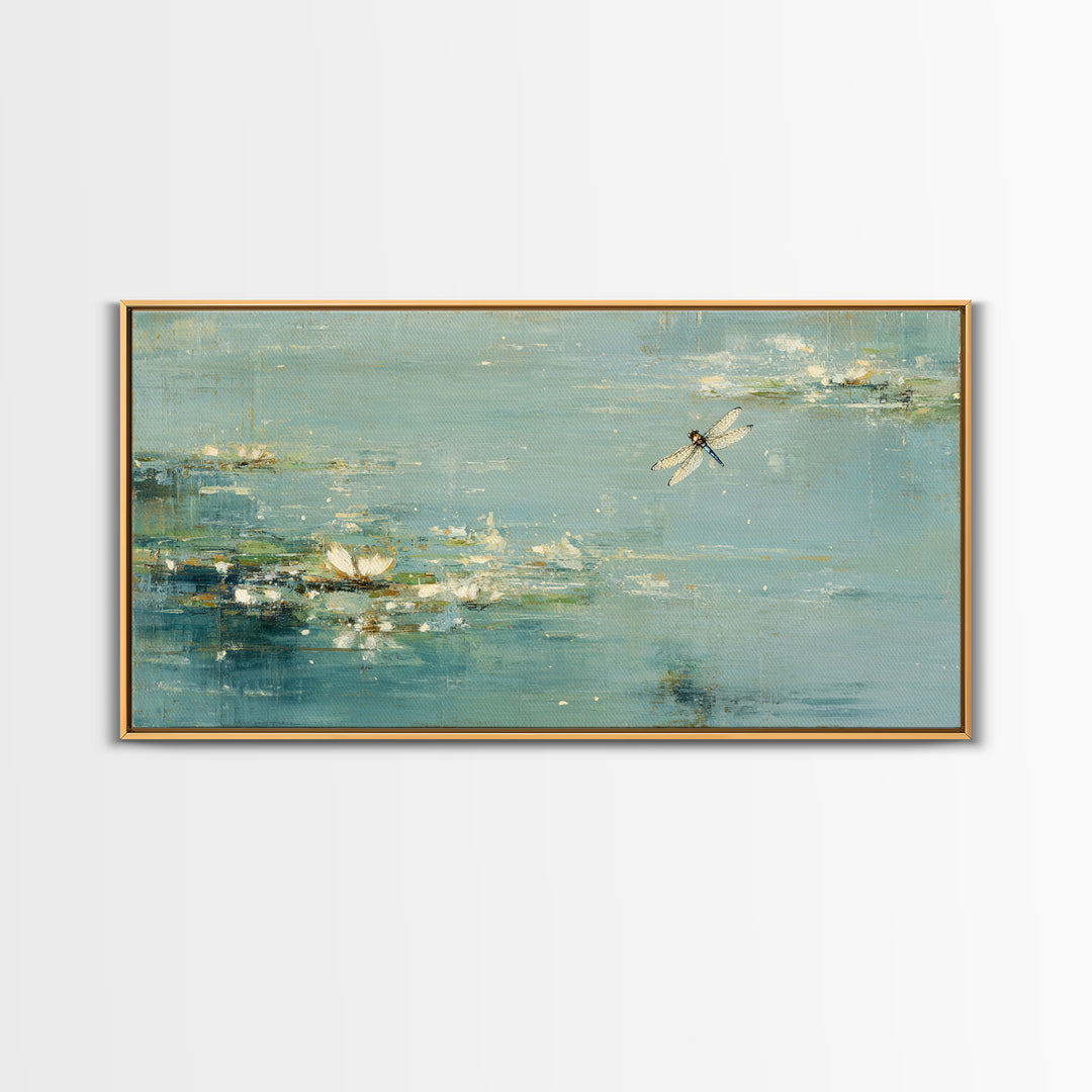 Delicate Dragonfly Above a Pond Surface Canvas Print, Bathroom Art, Room Decor, Bathroom Decor, Spa, Custom Pet Portrait, BAT-2x1-44