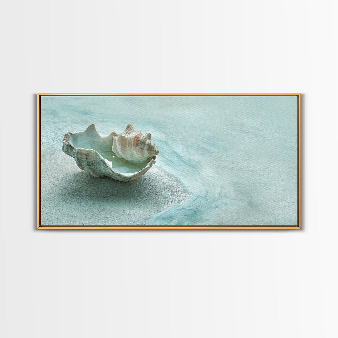 Minimal Seashell Still Life on Pale Sand Canvas Print, Bathroom Art, Bathroom Wall Art, Bathroom Decor, Oil Painting, Spa, BAT-2x1-47