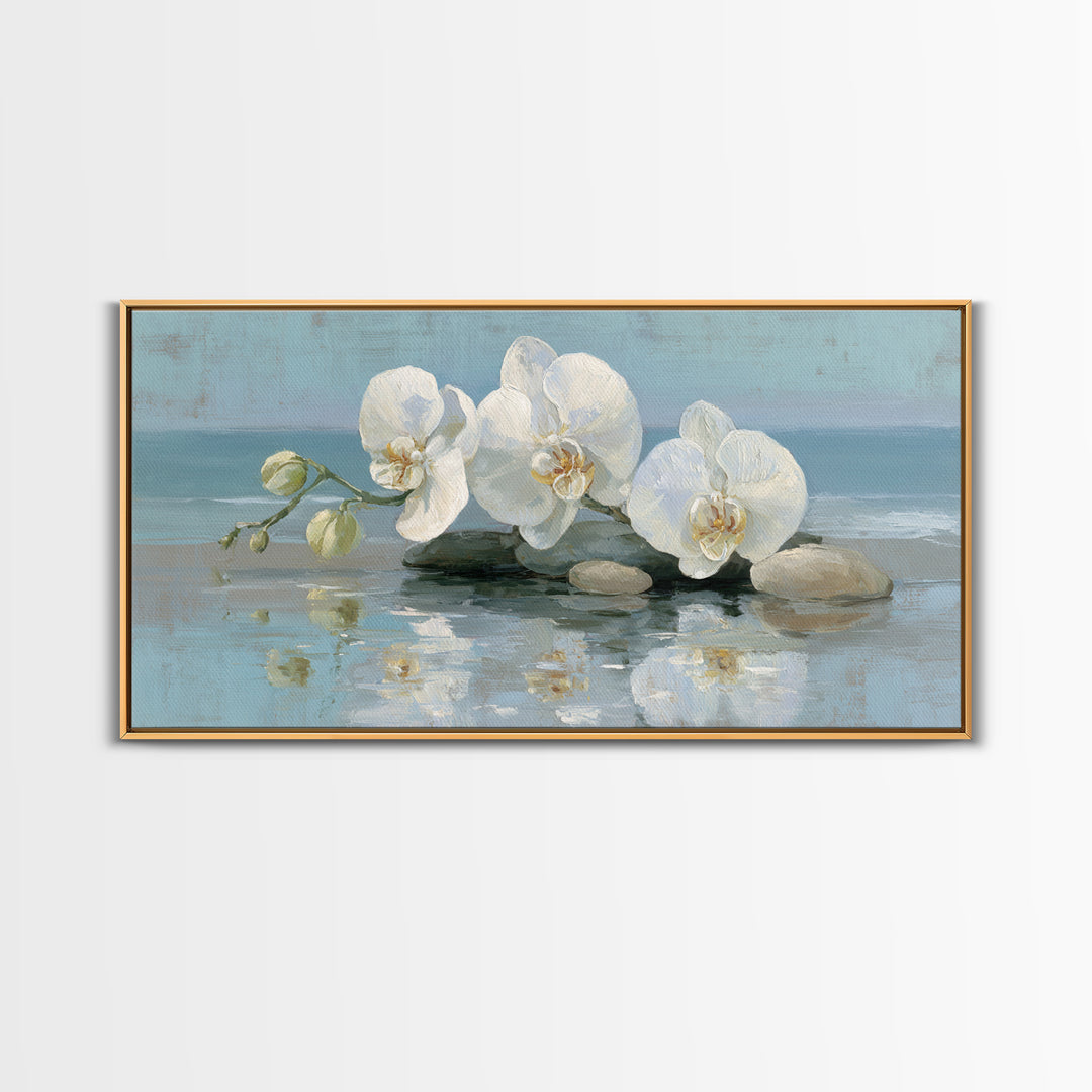 White Orchid on Warm Stone Background Canvas Print, Bathroom Art, Poster, Bathroom Decor, Fine Art, Spa, Digital Print, BAT-2x1-48