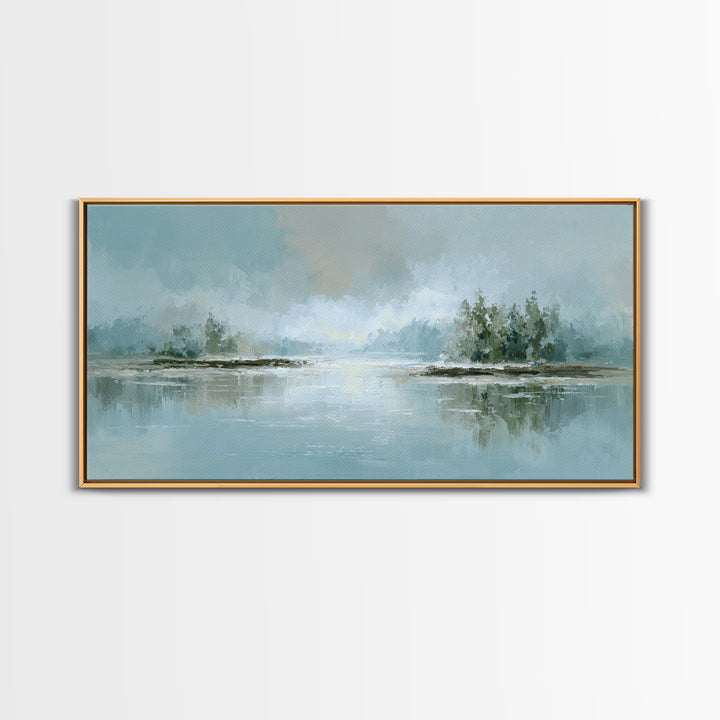 Misty Lake Scene Framed Canvas Print, Bathroom Art, Room Decor, Bathroom Decor, Spa, Custom Pet Portrait, Bathroom Wall Art, BAT-2x1-5