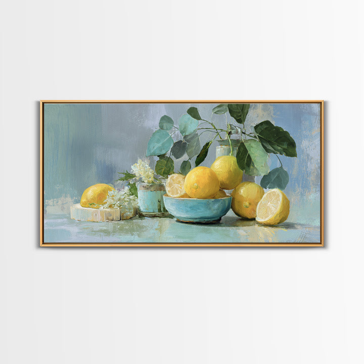Lemon and Botanical Still Life Framed Canvas Print, Bathroom Art, Luxury Decor, Bathroom Decor, Oil Painting, Spa, BAT-2x1-50
