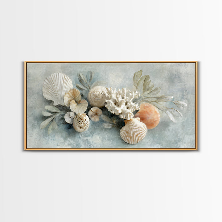 Coral and Shell Arrangement Framed Canvas Print, Bathroom Art, Wall Hanging, Bathroom Decor, Fine Art, Spa, Modern Art, BAT-2x1-55