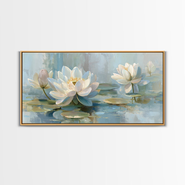 Lotus Flower Floating on Calm Water Canvas Print, Bathroom Art, Digital Wall Art, Bathroom Decor, Oil Painting, Spa, BAT-2x1-64