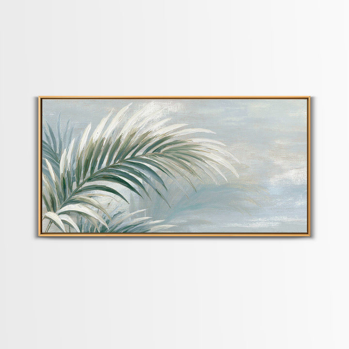 Simple Palm Frond on Off White Linen Framed Canvas Print, Bathroom Art, Minimalist Wall Art, Bathroom Decor, Fine Art, Spa, BAT-2x1-67
