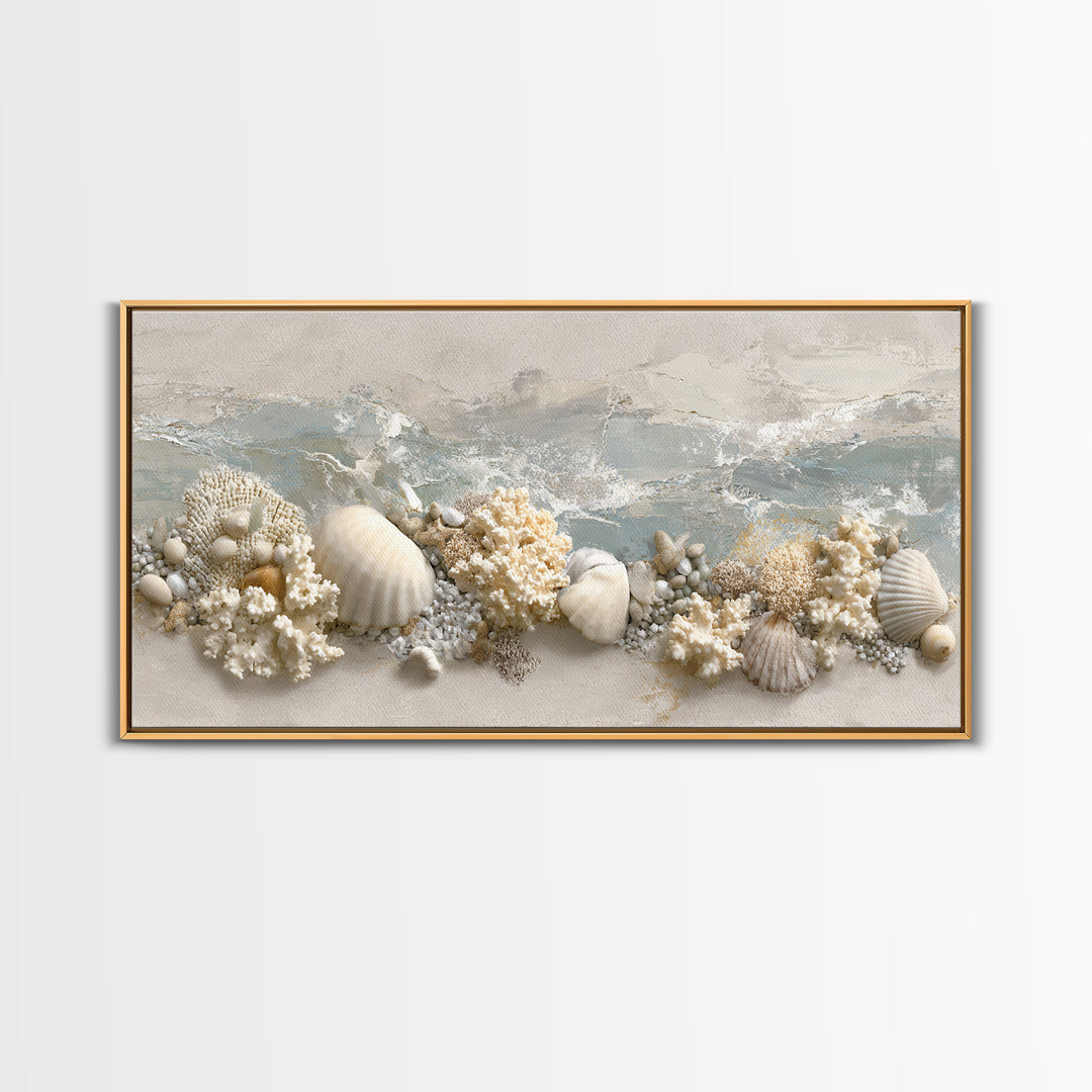 Coral and Shell Arrangement Framed Canvas Print, Bathroom Art, Contemporary Art, Bathroom Decor, Fine Art, Spa, Framed Wall Art, BAT-2x1-7