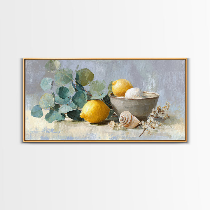 Lemon and Botanical Still Life Canvas Print, Bathroom Art, Bathroom Decor, Watercolor Art, Spa, Framed Wall Art, BAT-2x1-74