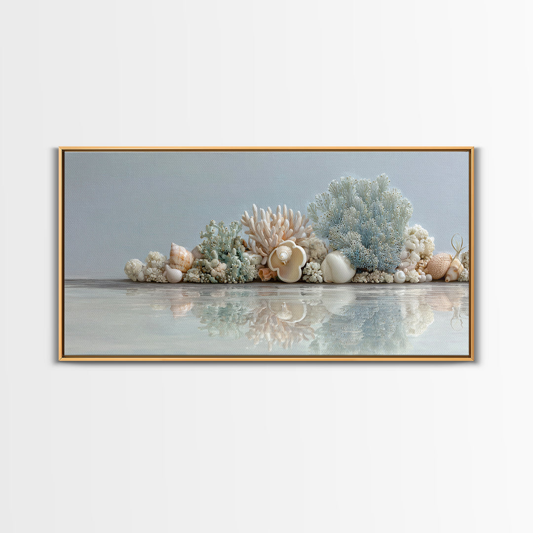 Coral and Shell Arrangement Framed Canvas Print, Bathroom Art, Bathroom Accessories, Bathroom Decor, Spa, Fine Art Print, BAT-2x1-79