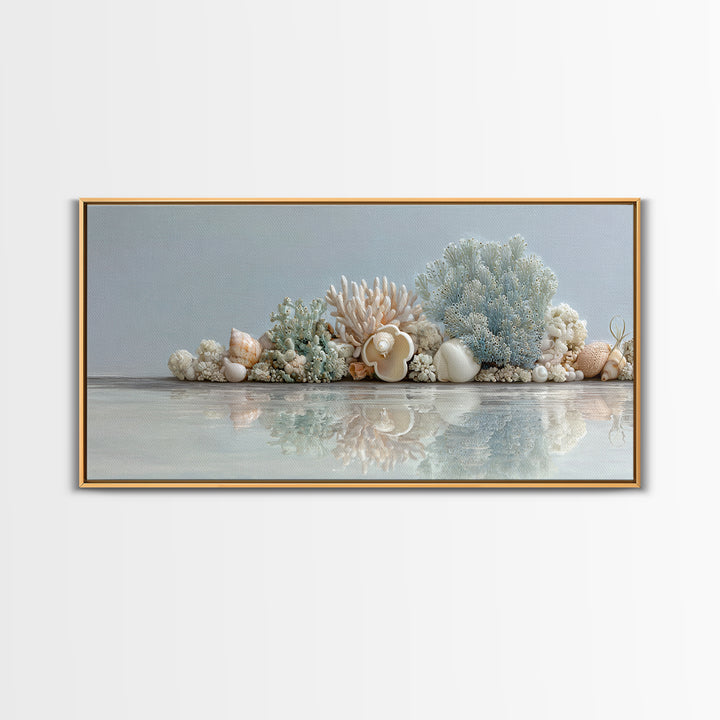 Coral and Shell Arrangement Framed Canvas Print, Bathroom Art, Bathroom Accessories, Bathroom Decor, Spa, Fine Art Print, BAT-2x1-79