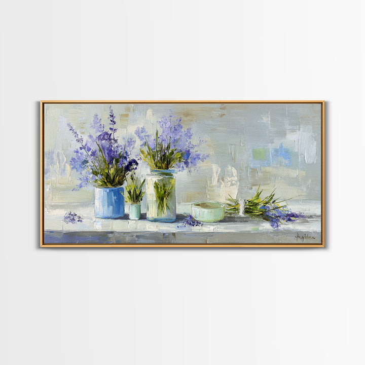 Lavender Sprigs in a Ceramic Vase Framed Canvas Print, Bathroom Art, Dopamine Decor, Bathroom Decor, Spa, Halloween Art, BAT-2x1-80