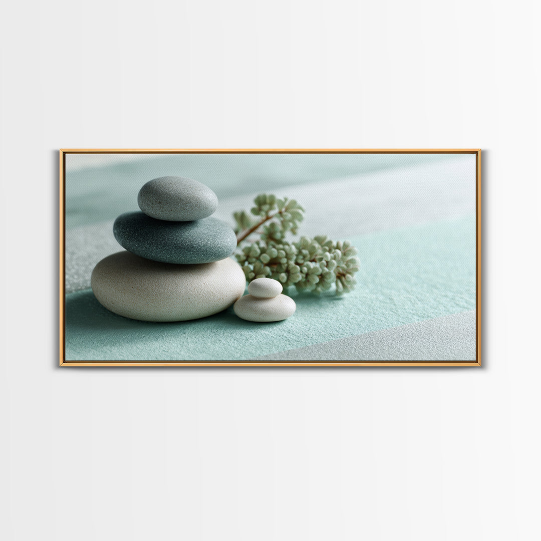 Monochrome Pebble Stack Framed Canvas Print, Bathroom Art, Poster, Bathroom Decor, Watercolor Art, Spa, Digital Print, BAT-2x1-81