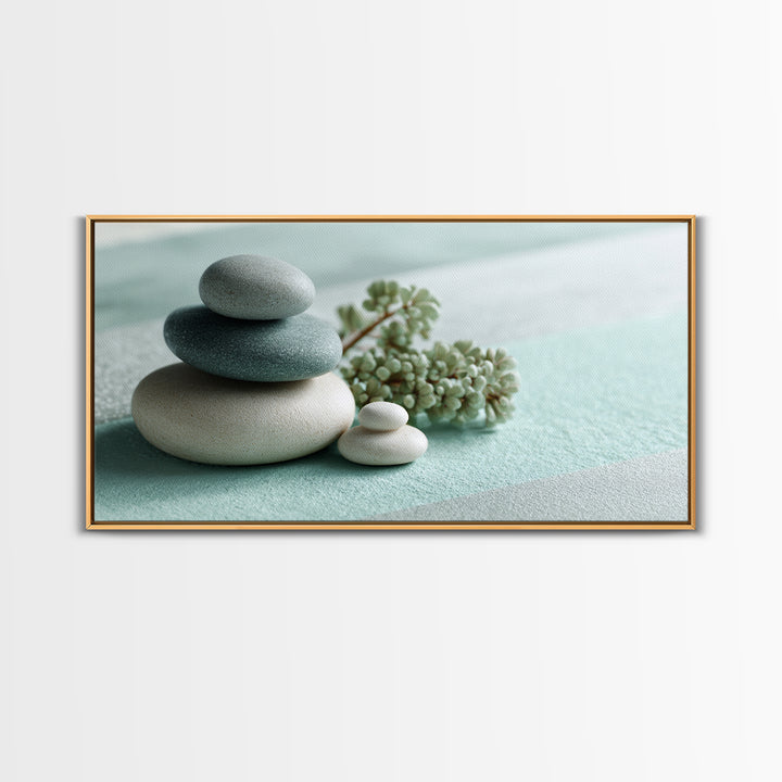 Monochrome Pebble Stack Framed Canvas Print, Bathroom Art, Poster, Bathroom Decor, Watercolor Art, Spa, Digital Print, BAT-2x1-81