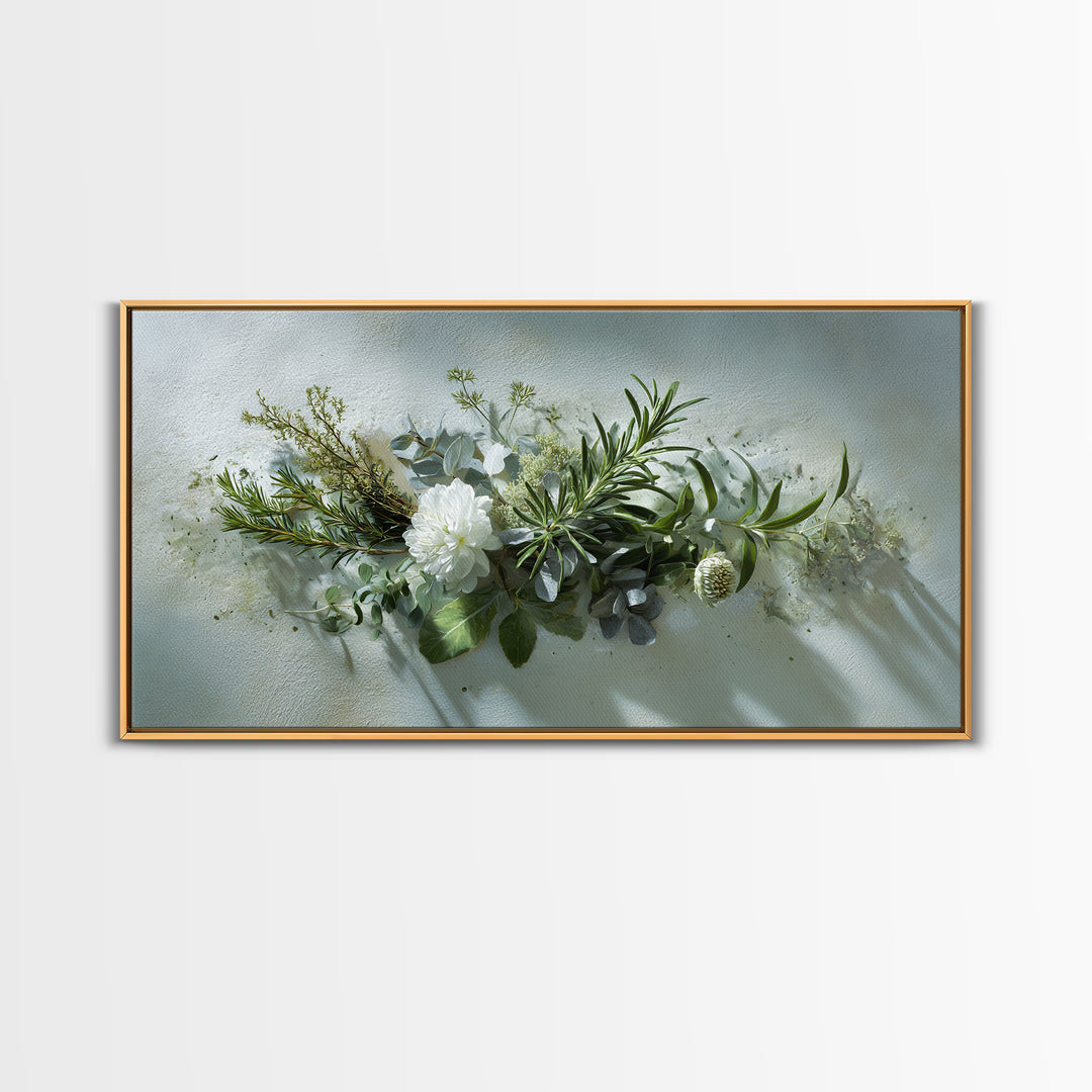 Botanical Bath Herb Arrangement Framed Canvas Print, Bathroom Art, Digital Art, Bathroom Decor, Fine Art, Spa, Dopamine Decor, BAT-2x1-85