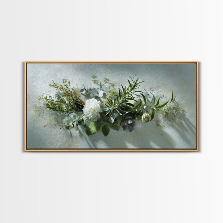 Botanical Bath Herb Arrangement Framed Canvas Print, Bathroom Art, Digital Art, Bathroom Decor, Fine Art, Spa, Dopamine Decor, BAT-2x1-85