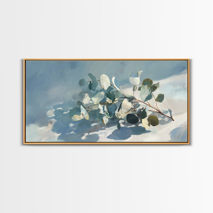 Sunlit Window Plant Shadow on Plaster Framed Canvas Print, Bathroom Art, Textured Painting, Bathroom Decor, Fine Art, Spa, BAT-2x1-86