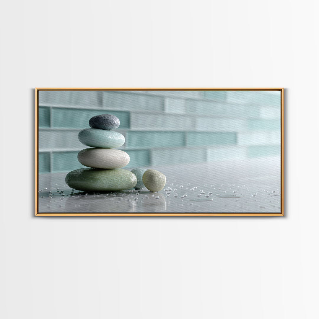 Monochrome Pebble Stack Framed Canvas Print, Bathroom Art, Statement Artwork, Bathroom Decor, Fine Art, Spa, Digital Art, BAT-2x1-9