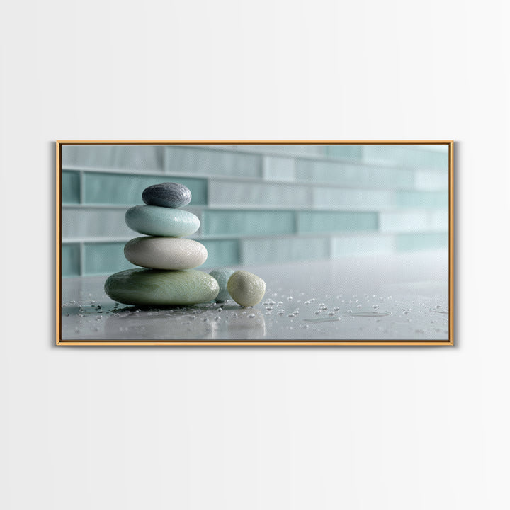 Monochrome Pebble Stack Framed Canvas Print, Bathroom Art, Statement Artwork, Bathroom Decor, Fine Art, Spa, Digital Art, BAT-2x1-9
