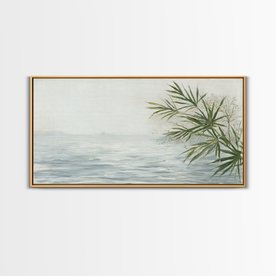 Simple Palm Frond on Off White Linen Framed Canvas Print, Bathroom Art, Digital Art, Bathroom Decor, Abstract Art, Spa, BAT-2x1-91