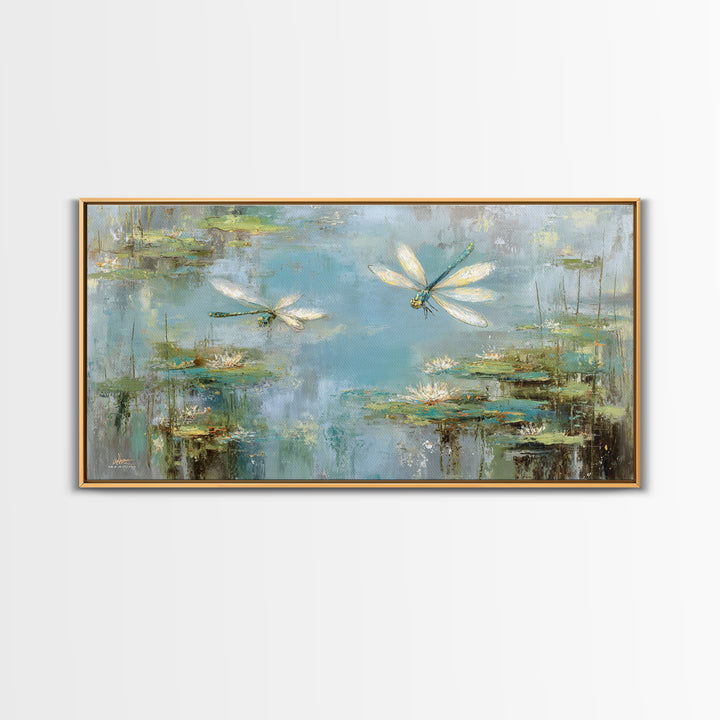 Delicate Dragonfly Above a Pond Surface Framed Canvas Print, Bathroom Art, Dog Portrait, Bathroom Decor, Oil Painting, Spa, BAT-2x1-92