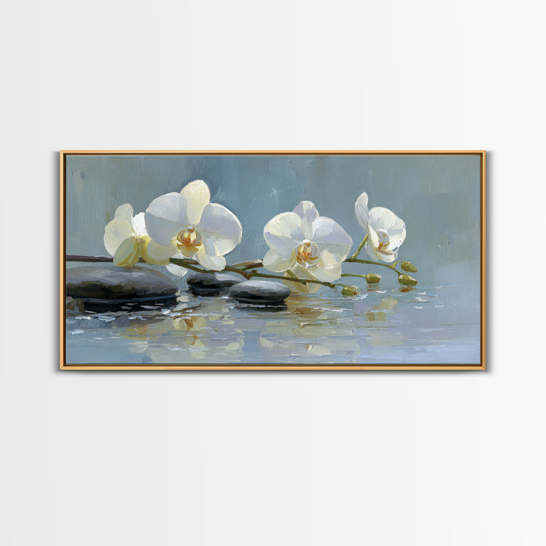 White Orchid on Warm Stone Background Framed Canvas Print, Bathroom Art, Modern Wall Art, Bathroom Decor, Oil Painting, Spa, BAT-2x1-96
