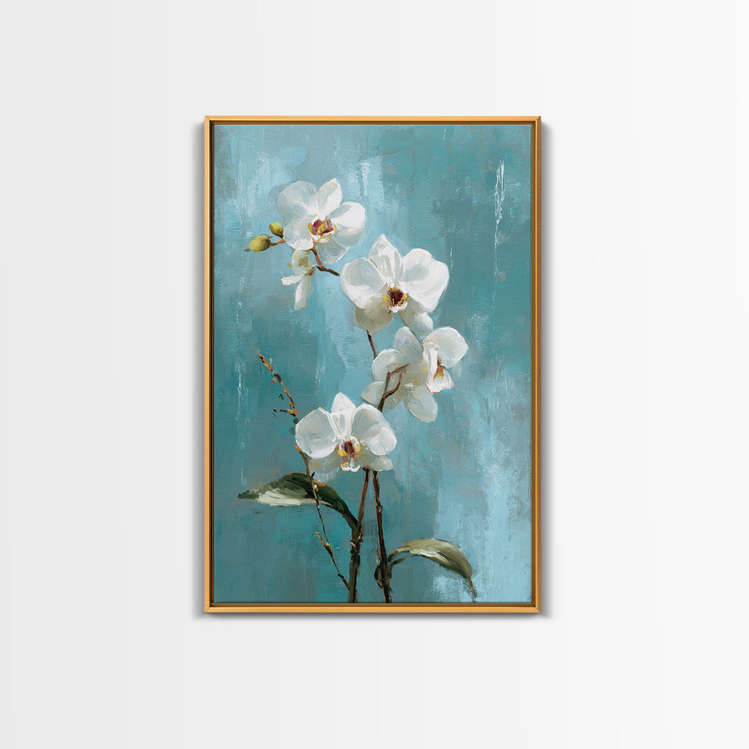 White Orchid on Warm Stone Background Framed Canvas Print, Bathroom Art, Fine Art Print, Bathroom Decor, Oil Painting, Spa, BAT-2x3-12