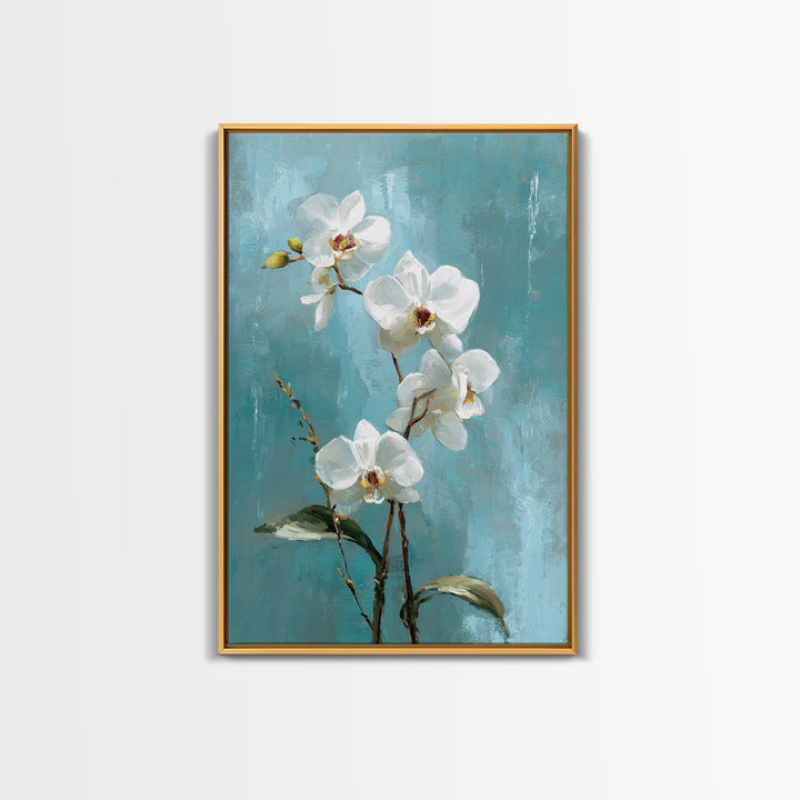 White Orchid on Warm Stone Background Framed Canvas Print, Bathroom Art, Fine Art Print, Bathroom Decor, Oil Painting, Spa, BAT-2x3-12