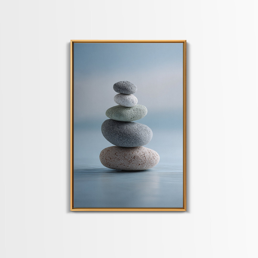 Monochrome Pebble Stack Framed Canvas Print, Bathroom Art, Boho Decor, Bathroom Decor, Oil Painting, Spa, Printable, BAT-2x3-21