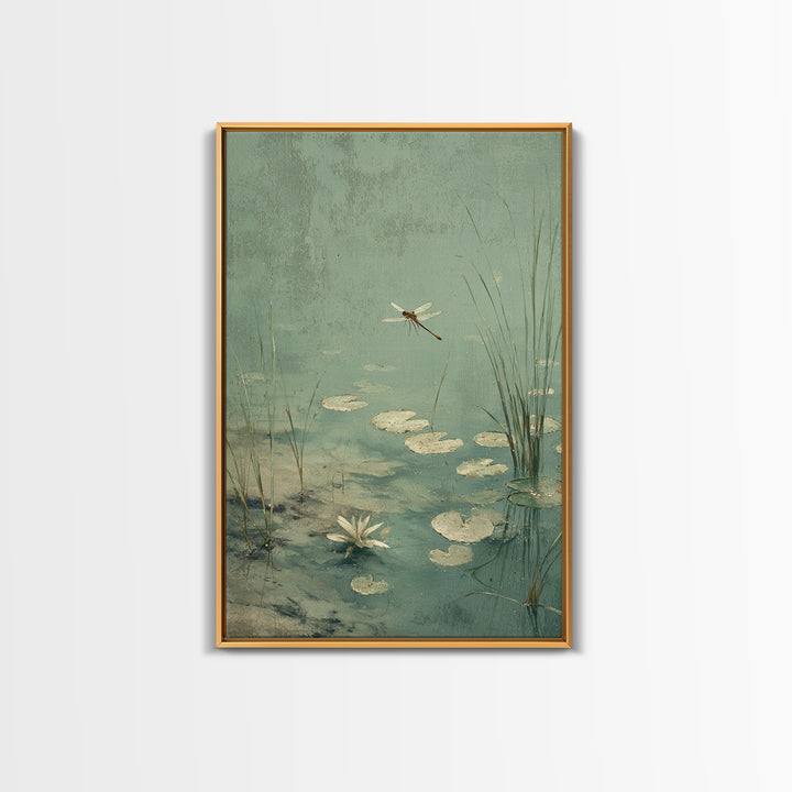 Delicate Dragonfly Above a Pond Surface Canvas Print, Bathroom Art, Bathroom Wall Decor, Bathroom Decor, Fine Art, Spa, BAT-2x3-32