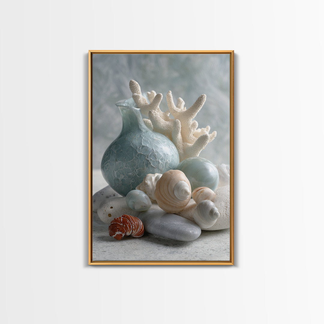 Coral and Shell Arrangement Framed Canvas Print, Bathroom Art, Neutral Decor, Bathroom Decor, Fine Art, Spa, Wall Art, BAT-2x3-43