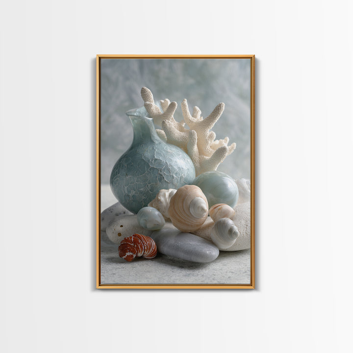 Coral and Shell Arrangement Framed Canvas Print, Bathroom Art, Neutral Decor, Bathroom Decor, Fine Art, Spa, Wall Art, BAT-2x3-43