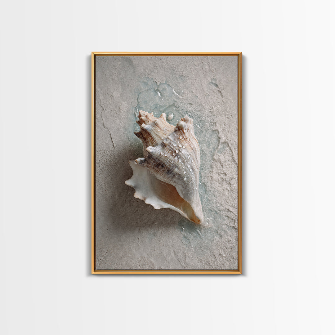 Minimal Seashell Still Life on Pale Sand Framed Canvas Print, Bathroom Art, Boho Decor, Bathroom Decor, Oil Painting, Spa, BAT-2x3-59