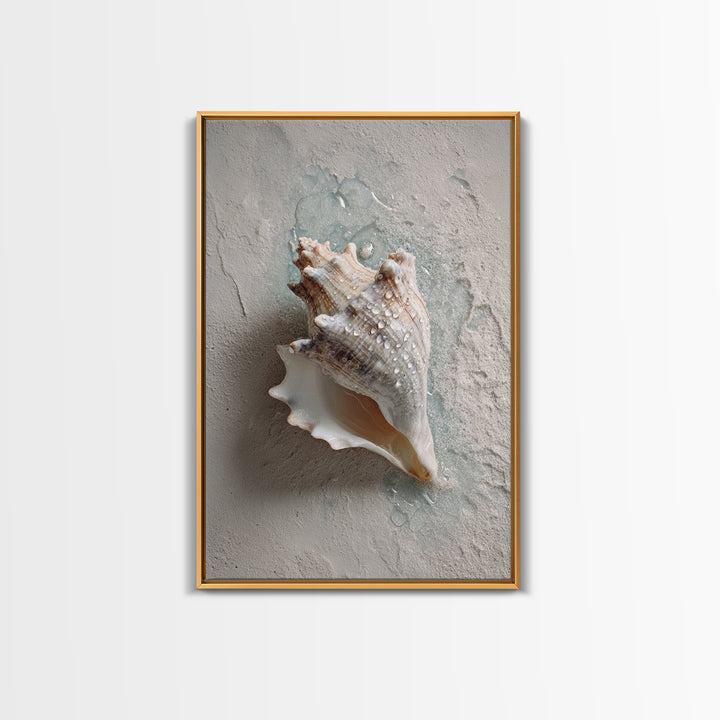 Minimal Seashell Still Life on Pale Sand Framed Canvas Print, Bathroom Art, Boho Decor, Bathroom Decor, Oil Painting, Spa, BAT-2x3-59