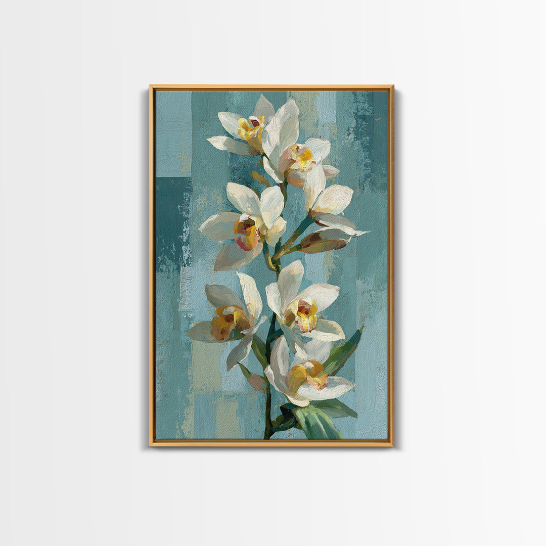 White Orchid on Warm Stone Background Framed Canvas Print, Bathroom Art, Statement Artwork, Bathroom Decor, Fine Art, Spa, BAT-2x3-60