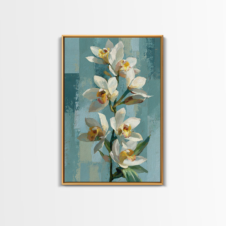 White Orchid on Warm Stone Background Framed Canvas Print, Bathroom Art, Statement Artwork, Bathroom Decor, Fine Art, Spa, BAT-2x3-60