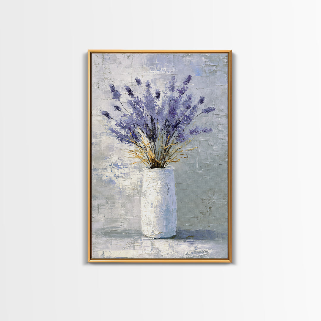 Lavender Sprigs in a Ceramic Vase Framed Canvas Print, Bathroom Art, Minimalist Decor, Bathroom Decor, Fine Art, Spa, BAT-2x3-68