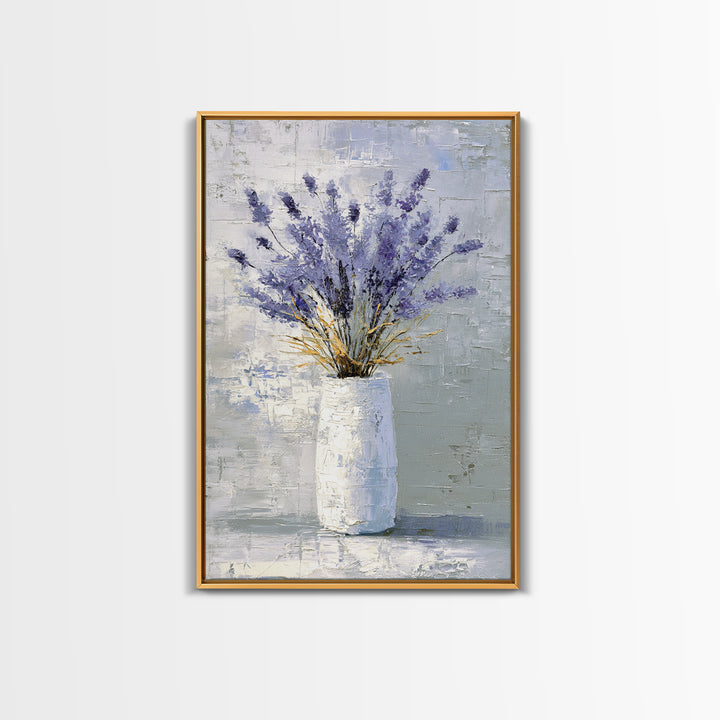 Lavender Sprigs in a Ceramic Vase Framed Canvas Print, Bathroom Art, Minimalist Decor, Bathroom Decor, Fine Art, Spa, BAT-2x3-68