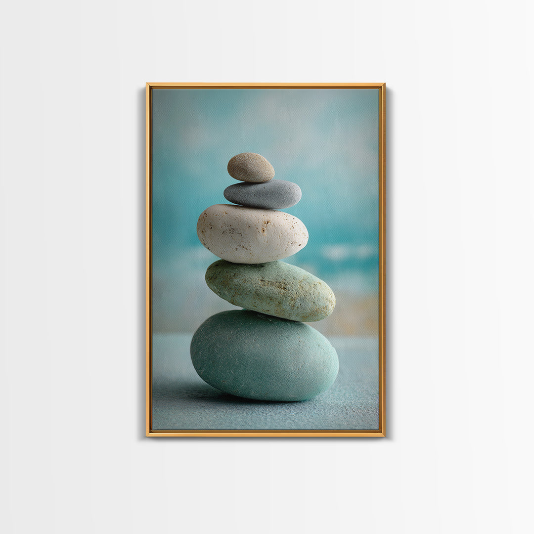 Monochrome Pebble Stack Framed Canvas Print, Bathroom Art, Digital Art, Bathroom Decor, Fine Art, Spa, Dopamine Decor, BAT-2x3-69