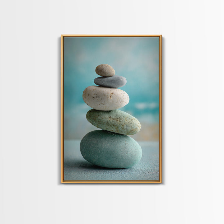 Monochrome Pebble Stack Framed Canvas Print, Bathroom Art, Digital Art, Bathroom Decor, Fine Art, Spa, Dopamine Decor, BAT-2x3-69