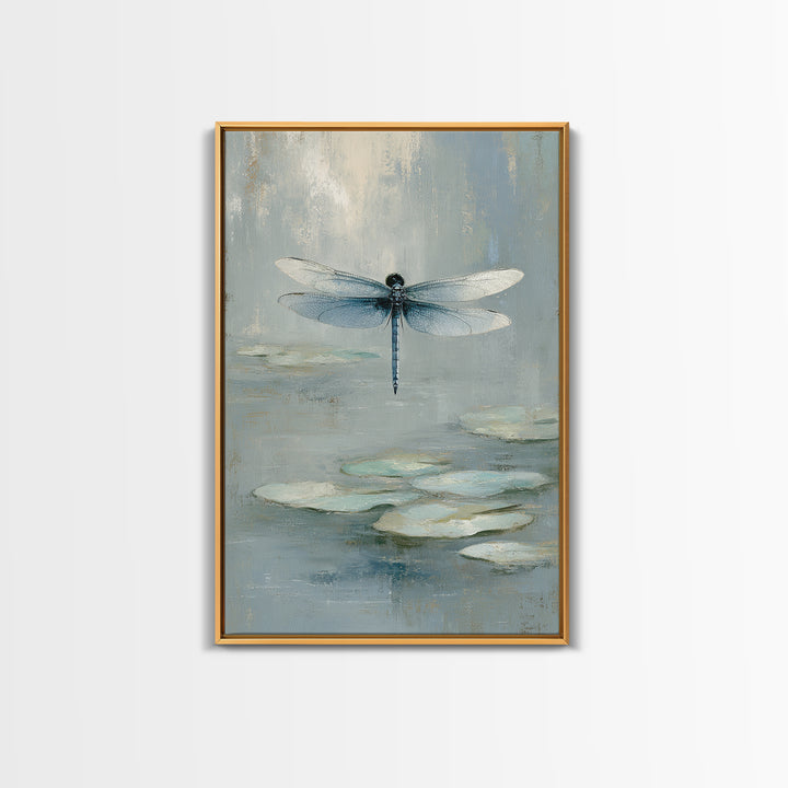 Delicate Dragonfly Above a Pond Surface Framed Canvas Print, Bathroom Art, Framed Wall Art, Bathroom Decor, Oil Painting, Spa, BAT-2x3-8