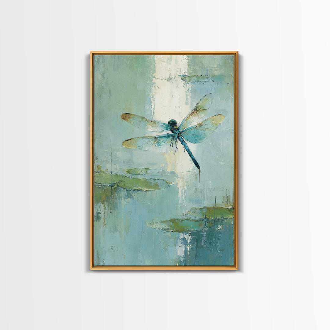 Delicate Dragonfly Above a Pond Surface Framed Canvas Print, Bathroom Art, Fine Art Print, Bathroom Decor, Fine Art, Spa, BAT-2x3-80