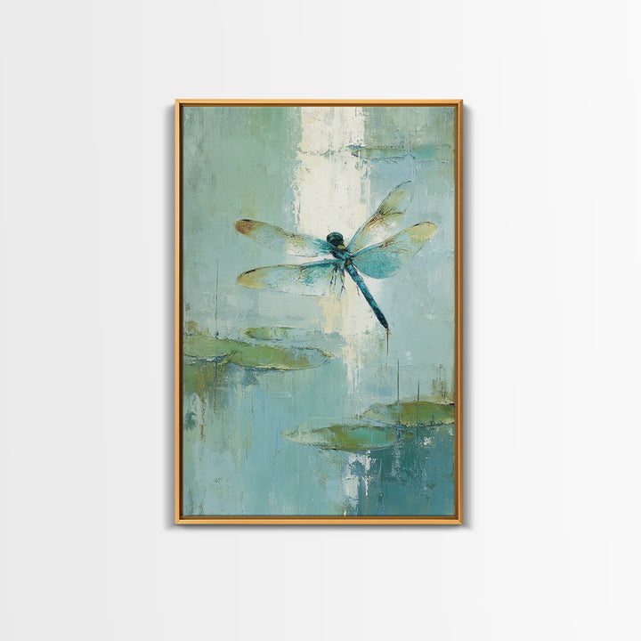 Delicate Dragonfly Above a Pond Surface Framed Canvas Print, Bathroom Art, Fine Art Print, Bathroom Decor, Fine Art, Spa, BAT-2x3-80
