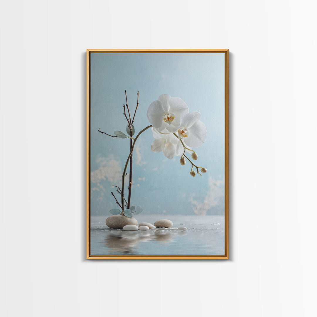 White Orchid on Warm Stone Background Framed Canvas Print, Bathroom Art, Canvas Wall Art, Bathroom Decor, Fine Art, Spa, BAT-2x3-84