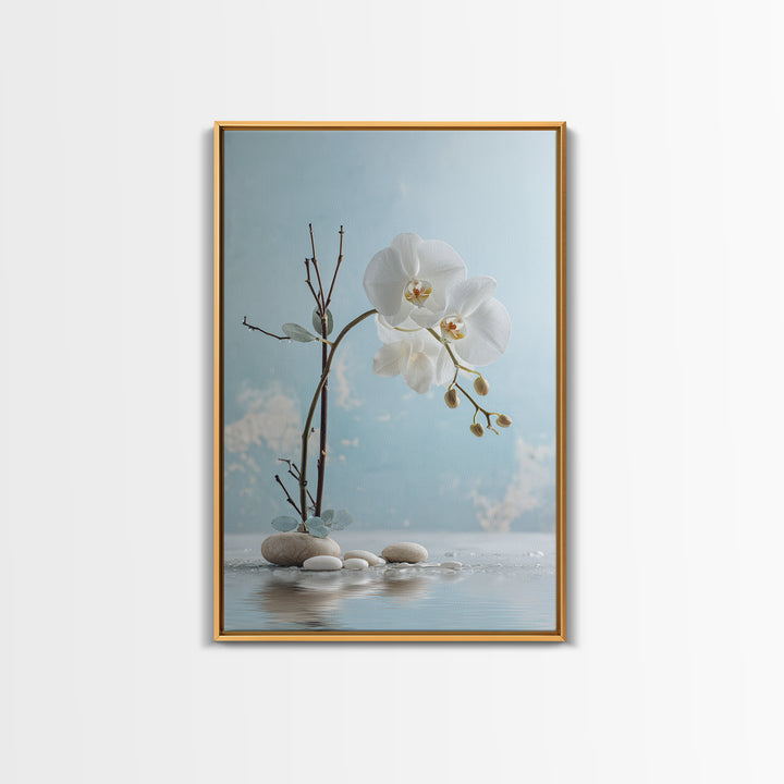 White Orchid on Warm Stone Background Framed Canvas Print, Bathroom Art, Canvas Wall Art, Bathroom Decor, Fine Art, Spa, BAT-2x3-84