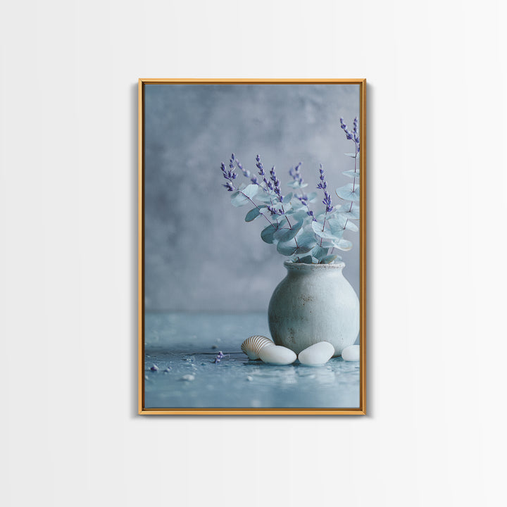 Lavender Sprigs in a Ceramic Vase Framed Canvas Print, Bathroom Art, Retro Wall Art, Bathroom Decor, Abstract Art, Spa, BAT-2x3-92