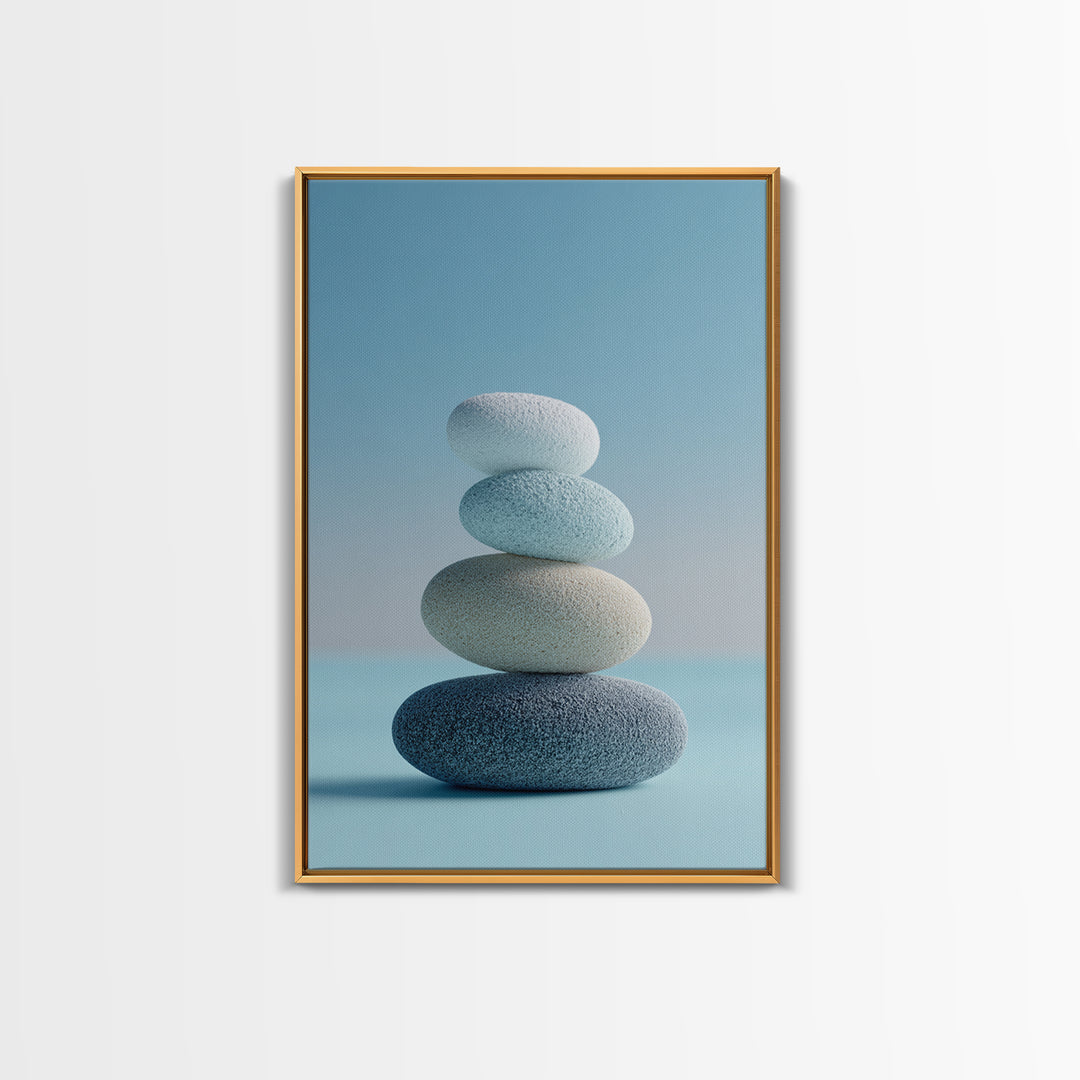 Monochrome Pebble Stack Framed Canvas Print, Bathroom Art, Digital Art, Bathroom Decor, Fine Art, Spa, Dopamine Decor, BAT-2x3-93