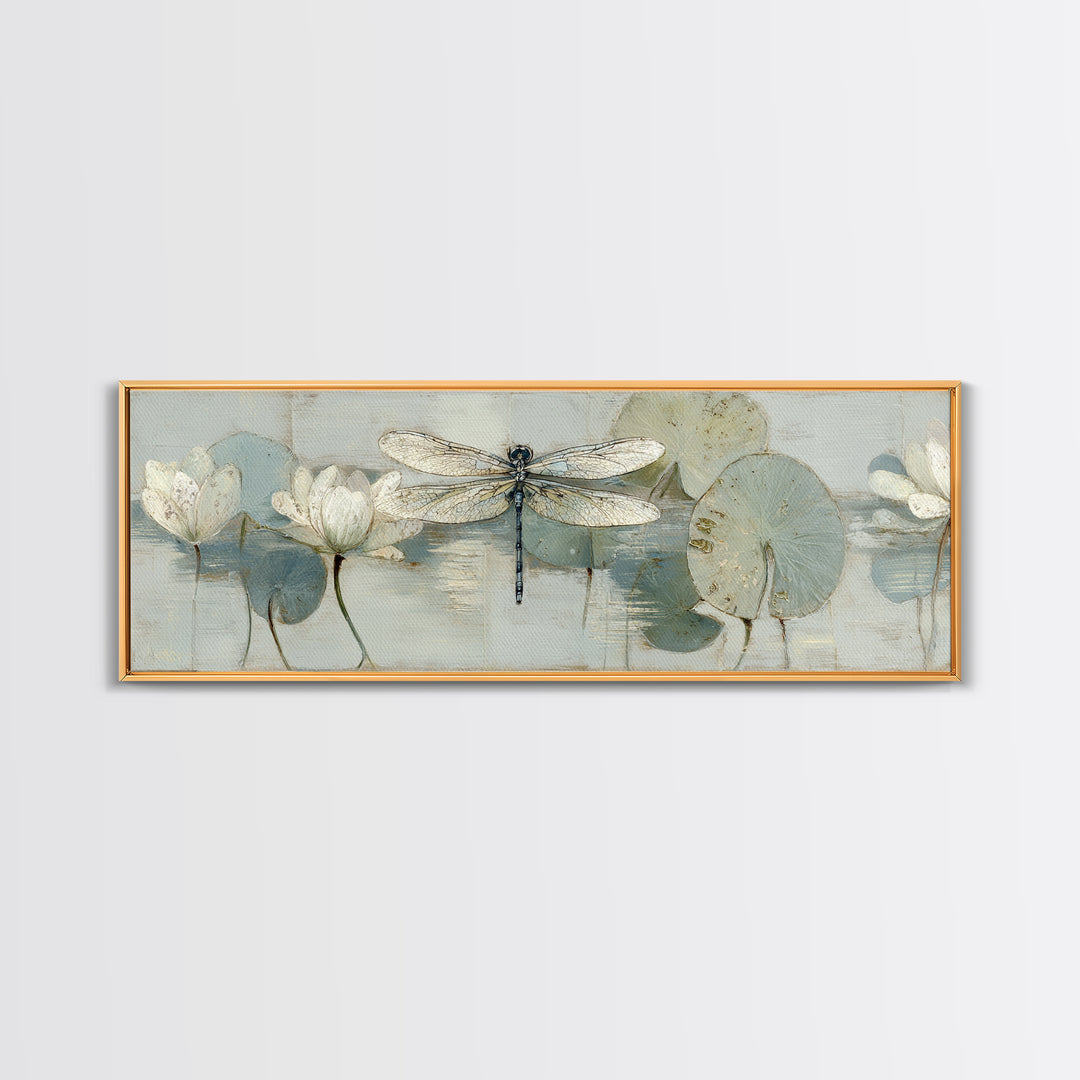 Delicate Dragonfly Above a Pond Surface Canvas Print, Bathroom Art, Unique Wall Art, Bathroom Decor, Spa, Gallery Decor, BAT-3x1-16
